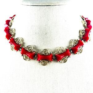 Vintage 90s Thermoset Style Necklace Silver Tone Scroll Statement 50s Revival